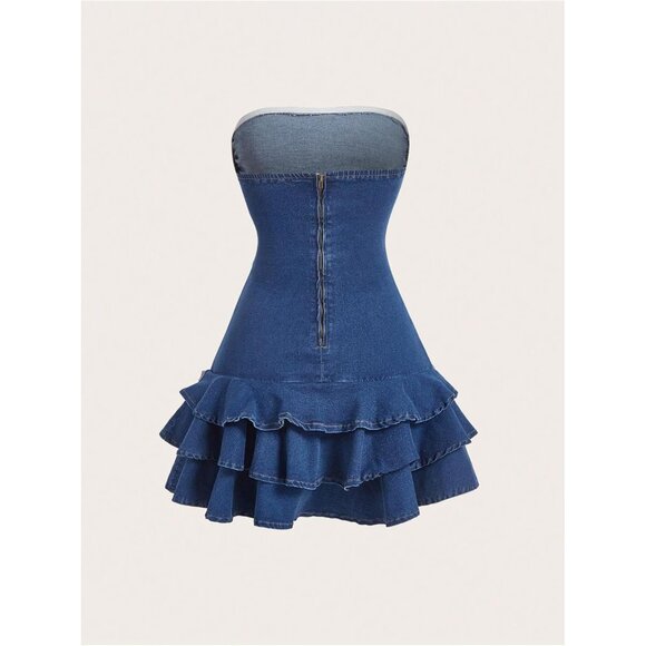Womens Strapless Denim Mini Dress Bandeau Ruffle A Line Bow Layered Summer Dress - Picture 2 of 4